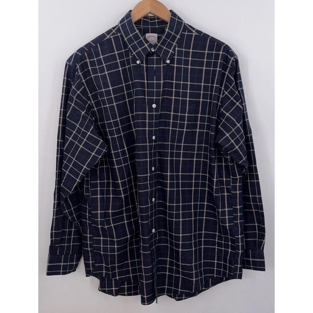 Brooks Brothers Navy‎ Blue Beige Plaid Button Down Large 346 Cotton Pocket
